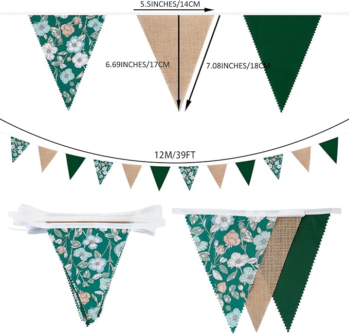 Zwiebeco 39Ft Dark Green Floral Fabric Pennant Banner Vintage Burlap Triangle Flag Retro Flower Bunting Party Decoration for Birthday Engagement Wedding Bridal Baby Shower Rustic Village Garden Decor