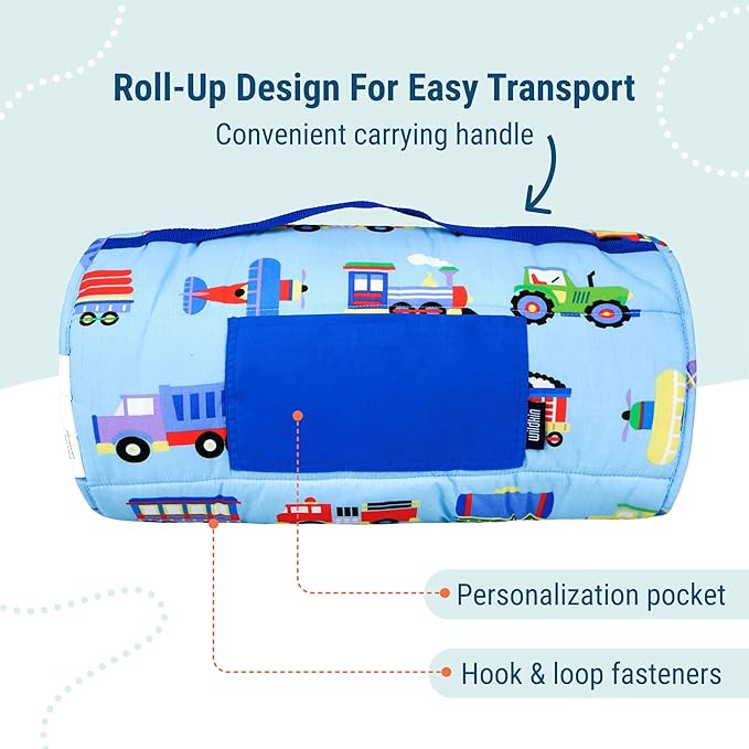 Wildkin Kids Original Nap Mat – Cozy Kids Sleep Mat with Pillow, Ideal for School & Travel - Trains, Planes, and Trucks