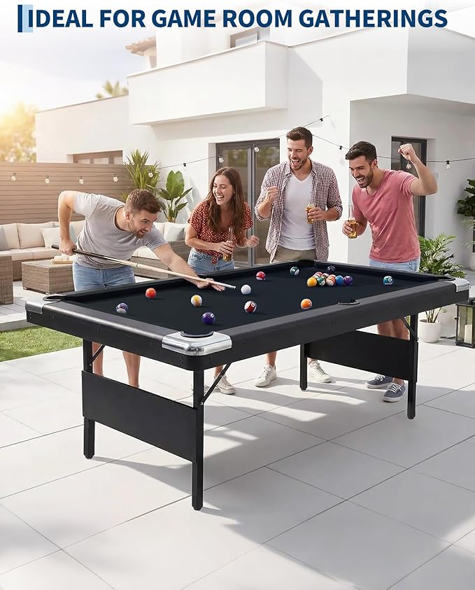 7 Foot Pool Table for Family, Foldable No Assembly Pool Table with Balls, Cues, Chalk, Rack & Brush, Portable Billiards Game Table for Apartment, Basement, Office & Game Room