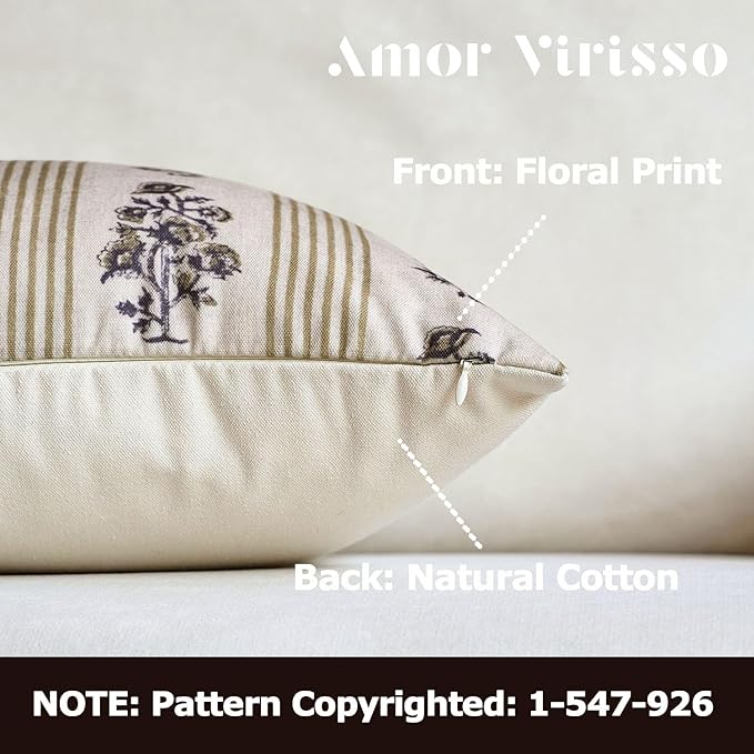 Amor Virisso Floral Throw Pillow Covers 20x20 Set of 2 Block Print Pillow Covers Neutral Floral Striped Farmhouse Decorative Pillow Covers for Sofa Couch Bed, Yellow