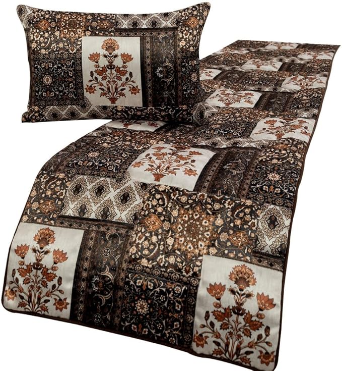 The HomeCentric King/Queen/Twin Brown Decorative Twin 53"x18" Bed Runner with 2 Pillow Cover Quilted Bed Scarf on Satin Fabric - Parisa