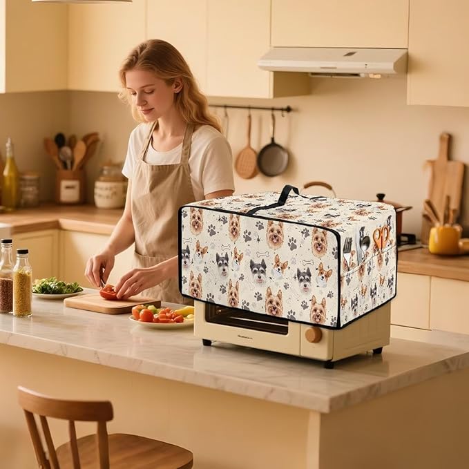 Air Fryer Toaster Oven Dust Cover Washable Fabric Convection Oven Protector with Storage Pockets, S, Yorkshire Terrier Schnauzer Dog Bone Paw Beige Puppy Pattern