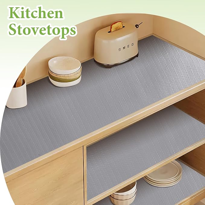 Shelf Liners for Kitchen Cabinets 17in x 20FT Non Adhesive Drawer Liner Grey Thickened Shelf Liner Paper Strong Non-Slip Easy to Clean for Tool Box Refrigerator with Knife and Tape Measure