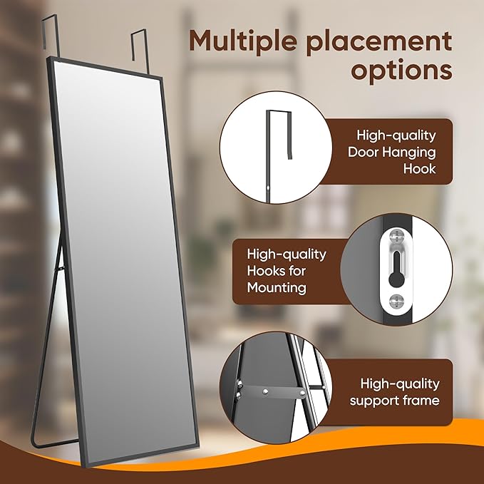 Antok 48''x 14'' Full Length Mirror Over Door, 4-in-1 Standing Leaning Wall Mounted, Adjustable Hanging Mirror for Bedroom Living Room, Black, Rect Corner