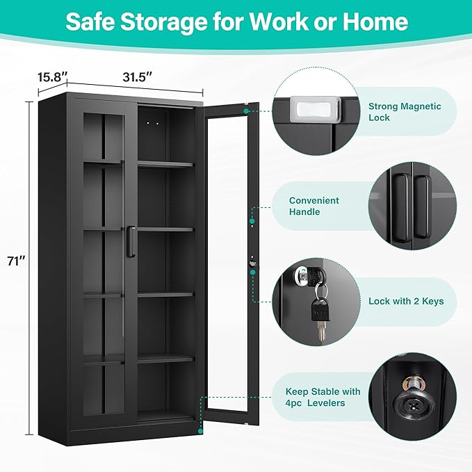 Metal Storage Cabinet with Lock and Glass Doors, Glass Display Cabinet