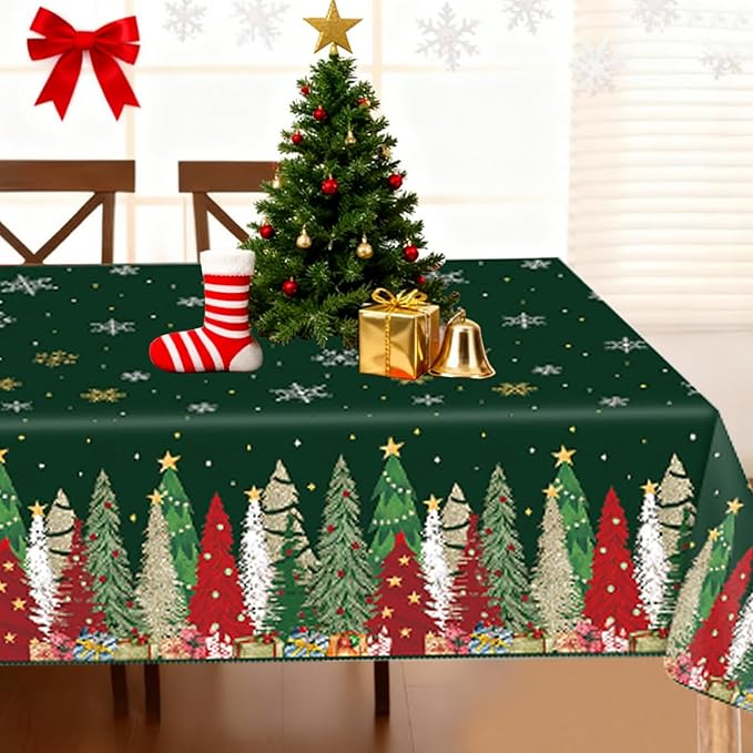 Christmas Tablecloth, 2 Pack Plastic Christmas Tablecloth Disposable for Rectangle Table Snowflake Xmas Tree Table Cloth Tables Cover for Xmas Holiday New Year Party Supplies Decoration 54 x 108 Inch