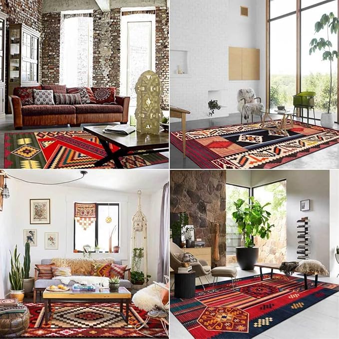 Vintage Boho Area Rugs Multicolor Ethnic Style Geometric Splicing Carpets Bedroom Living Room Kitchen Floor Mats Indoor Outdoor Non-Shedding Runner Rug Home Décor Carpet 3' X 7'