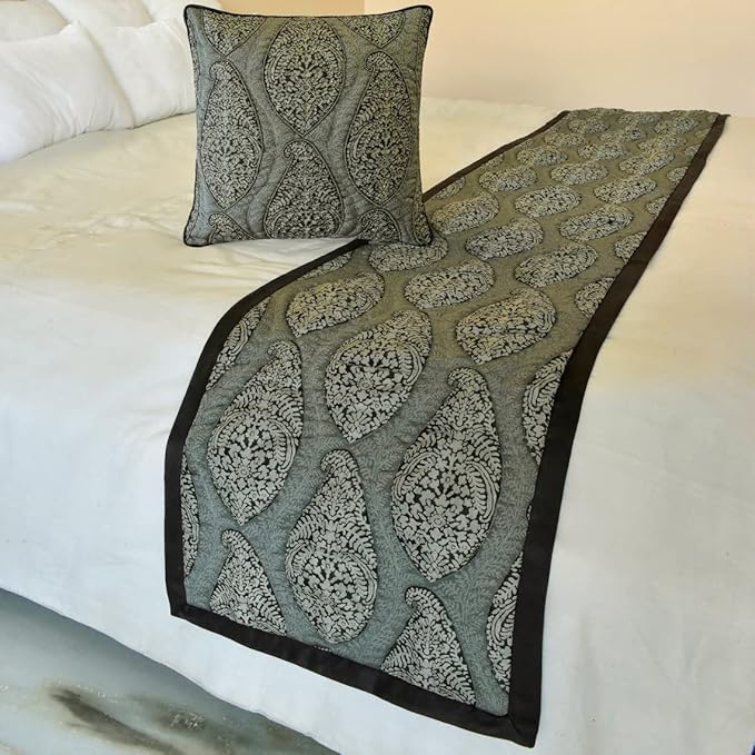 The HomeCentric King/Queen/Twin Grey Decorative Full 68"x18" Bed Runner with 2 Pillow Cover, Paisley & Beaded Bed Scarf on Jacquard Fabric - Paisley History