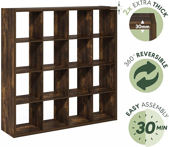 Furinno Cubicle Book Shelf, 16-Cube Bookshelf, Extra Thick Frame Reversible