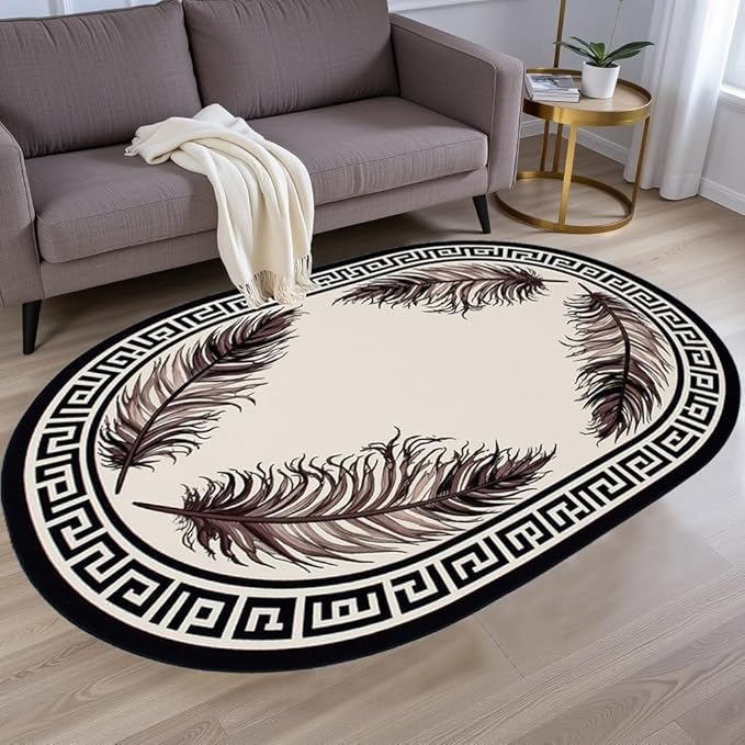 Light Beige Tan Black Greek Key Pattern Bordered Large Rugs for Living Room Bedroom Dining Room Machine Washable Non Skid Soft Area Rug 6x9 Nursery Dorm Guestroom Minimalist Oval Floor Mats Carpet