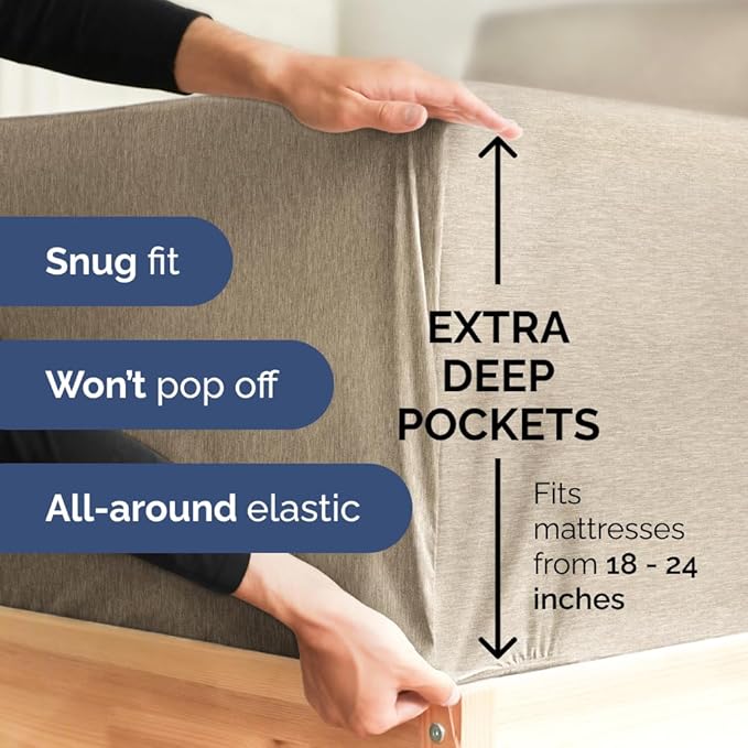 Extra Deep Full Sheet Set - 6 Piece Breathable and Cooling Sheets - Hotel Luxury Bed Sheets Set - Easy Fit - Soft, Wrinkle Free and Comfy Sheets Set - Heathered Beige Sheet Set with Extra Deep Pockets