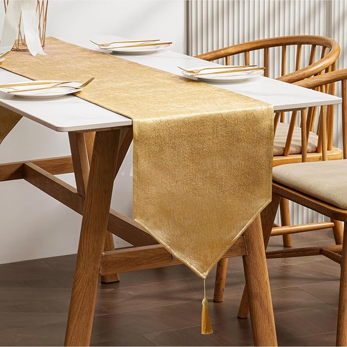 BALCONY & FALCON Gold Table Runner Lustrous Linen 14"x95" Water Resistant Washable Vintage Rustic Tassels Runner for Table, Dining, Party, Wedding, Birthday, Easter, Thanksgiving, Christmas Décor