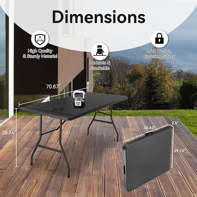 6 Foot Foldable Table with Built in Handle & Steel Legs,Heavy Duty Portable,Perfect for Party, Dining, Wedding, Events, Picnic Indoor, Outdoor, Camping, Utility, Folding(Black-1pac)