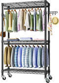 Heavy Duty Clothes Rack Rolling Garment Rack,3 Tier Adjustable Wire Shelving Clothing Racks for Hanging Clothes with Double Rods&Side Hooks,Freestanding Wardrobe Storage Rack Metal Portable Closet