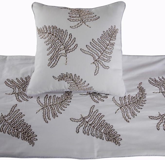 The HomeCentric White Bed Runner, Queen Size 74"x18" Decorative Bed Runner with 2 Matching Pillow Cover, White Linen Bed Scarf in Fern Embroidery & Pearl - Fern Blossom