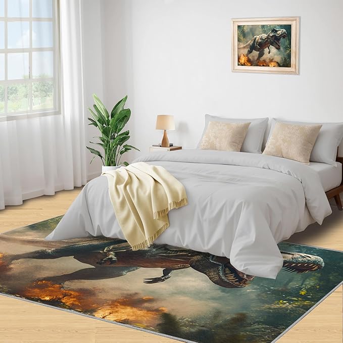 Dinosaurs Rugs for Bedroom - 6x9 Area Rug - Flame Dinosaurs Rugs for Living Room, Forest Landscape Rug, Washable Home Decor Carpet