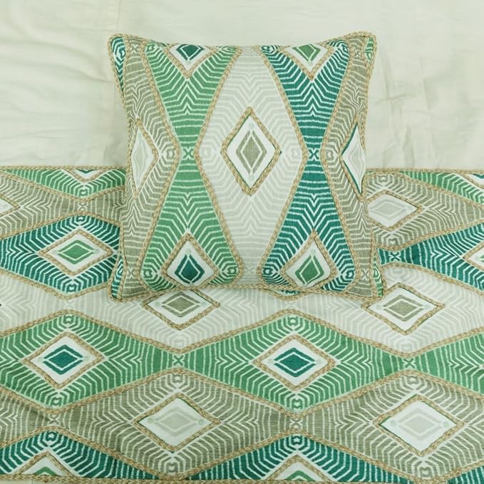 The HomeCentric King/Queen/Twin Green Designer King 90"x18" Bed Runner Without Pillow Cover, Aztec, Jute Embroidery, Quilted, Tassels, Jute, Moroccan & Tribal Bed Scarf Cotton Fabric - Chantico