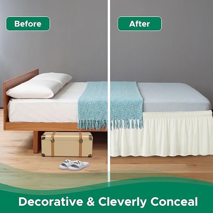 Biscaynebay Wrap Around Bed Skirts for King & Cal King Beds 21" Long Drop, Ivory Adjustable Elastic Dust Ruffles Easy Fit Wrinkle Resistant Silky Luxurious Fabric Machine Washable