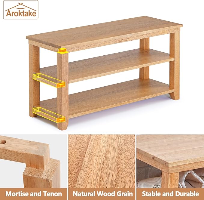 Shoe Rack Storage Bench, 2-Tier Solid Wood Heavy Duty Shoe Organizer Shelf for Entryway, Hallway, Mudroom, Living Room,Bedroom (Natural, 11.81"x 45.7"x 16.54")