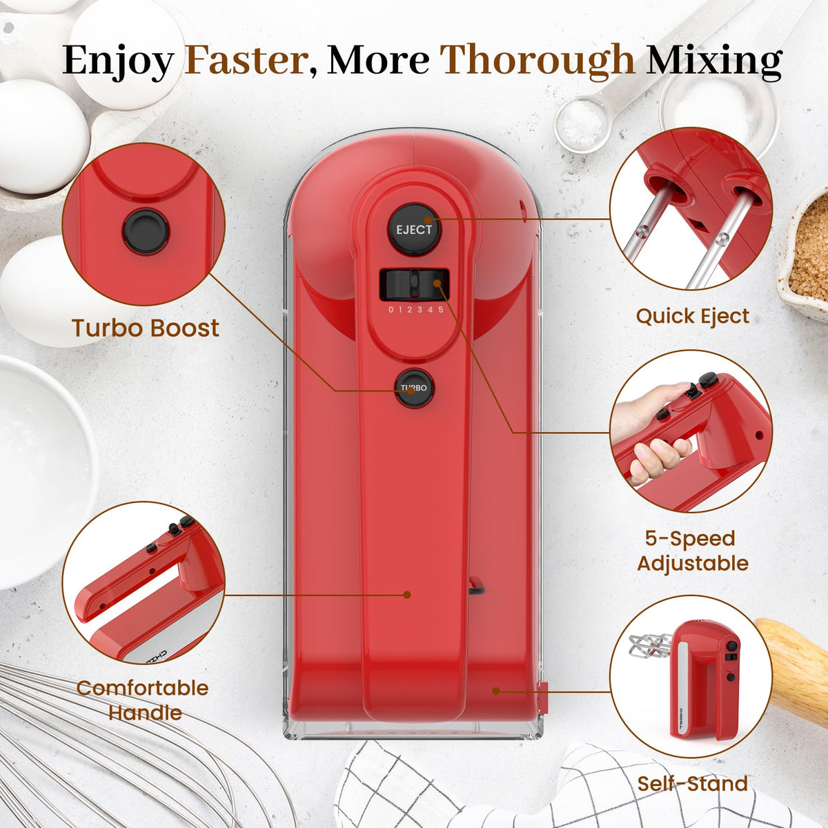 5-Speed Electric Hand Mixer, 800W Handheld Mixer with Turbo for Baking & Cooking, Kitchen Food Mixer with Storage Case & 6 Stainless Steel Attachments (2 Beaters, 2 Dough Hooks, 2 Whisks)-White