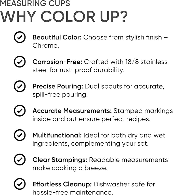 Color Up Measuring Cup Set, 8 Piece – Includes 2 Cup, Gold Finish, Stainless Steel, Accurate for Wet & Dry Ingredients, Embossed Markings, Easy-Pour Spouts, Dishwasher-Safe, Kitchen Essential