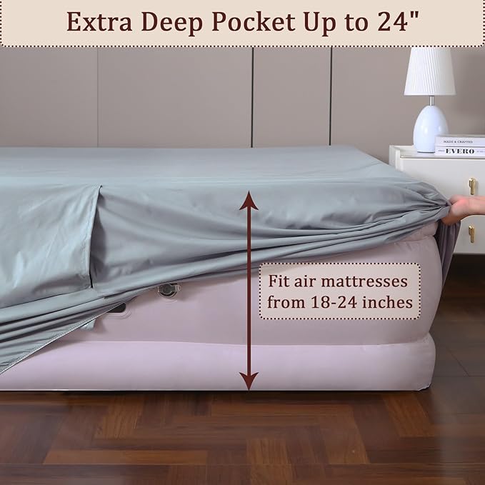 Twin Fitted Sheet for Air Mattress, with 18-24 Inch Extra Deep Pocket, Soft Breathable Air Bed Mattress Sheet Cover for Inflatable Bed, Grey