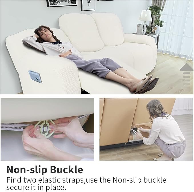 Easy-Going 8 Pieces Recliner Sofa Stretch Sofa Slipcover Sofa Cover Furniture Protector Couch Soft with Elastic Bottom Kids, Spandex Jacquard Fabric Small Checks Cream