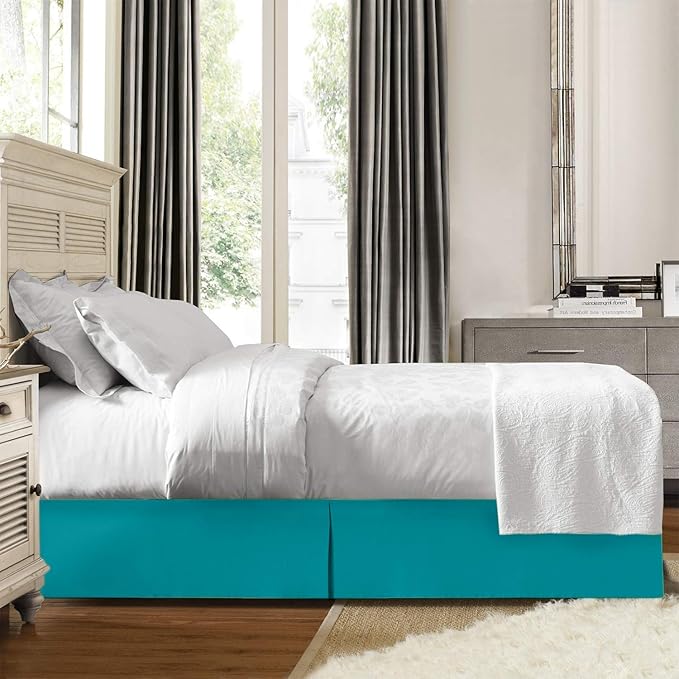 Bed Skirt - 100% Cotton 800 Thread Count Box Pleated Bed Skirt - Luxury Pleated Dust Ruffle, Hotel Quality Modern Bed Skirt, Easy Fit with 12 Inch Tailored Drop, California King, Turquoise