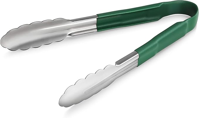 New Star Foodservice 9 Inch Utility Spring Tongs, Set of 12, Commercial Restaurant Grade Stainless Steel Tongs with Green Vinyl Coated Handles