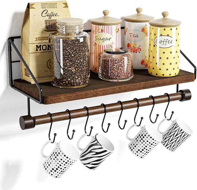 Alsonerbay Floating Shelf Wall-Mounted, Coffee Bar Shelf with Hooks and Towel Bar, Kitchen Shelves for Organizing Cooking Utensils and Mugs