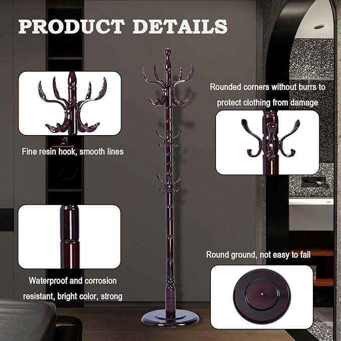 Coat Racks FreeStanding with 14 Hooks, Natural Wood Coat Rack with Solid Round Base, Adjustable Height Coat Racks, Easy Assembly for Hallway, Bedroom and Office (Solid Wood Fenghuang Gou)