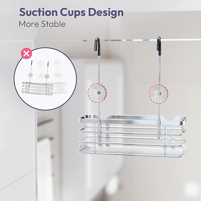 SWTYMIKI Shower Caddy Hanging Organizer - Over the Door Shower Caddy with 6 Hooks, 2 Installation Ways, Stainless Steel Rustproof Bathroom Organizer, Silver