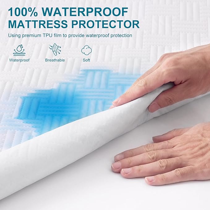 Waterproof Mattress Protector Full Size - Breathable, Noiseless, Ultra-Soft Bed Cover, Mattress Pad Cover with Deep Stretchable Pockets 8"-21" (White)