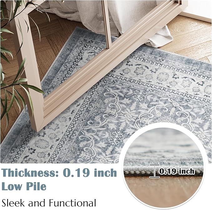 jinchan Floral Area Rugs 4x6 - Machine Washable Vintage Distressed Boho Design Throw Rug Stain Resistant Carpet Low Pile Ultra-Thin Non-Slip for Bedroom Living Room Dining Room Kitchen (4‘x6', Grey)