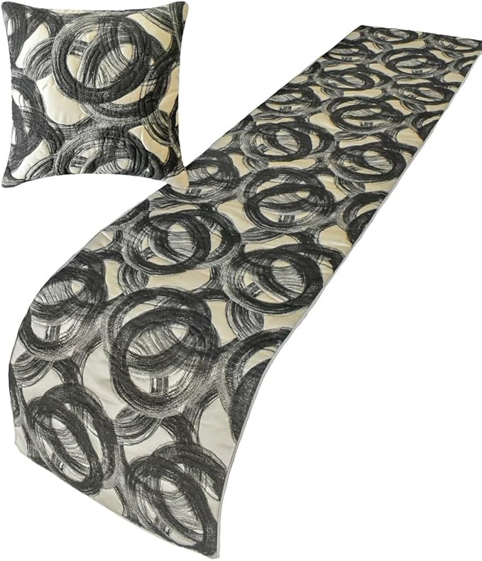 The HomeCentric King/Queen/Twin Black Decorative King 90"x18" Bed Runner with Pillow Cover, Circle, Rings, Quilted Bed Scarf on Jacquard Fabric - Circlewise