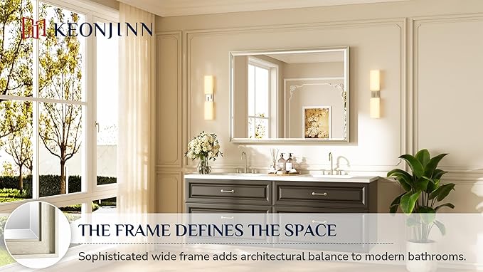 Keonjinn 48" x 36" Brushed Nickel Bathroom Vanity Mirror, Decorative Aluminum Alloy Frame, Beveled Edge Tempered Glass, Shatterproof, Large Silver Mirror for Over Sink, Living Room, Dining Room