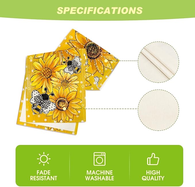 Artoid Mode Yellow Sunflower Bee Flower Polka Dot Summer Table Runner, Seasonal Kitchen Dining Table Decoration for Indoor Party Home 13x72 Inch