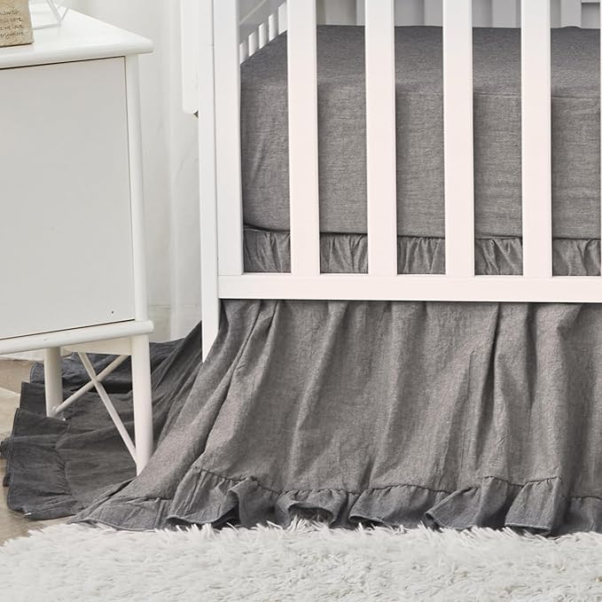 Brandream Boho Bohemian Boy Girl Baby Nursery Crib Bed Skirt Dust Ruffle - Neutral Solid Color Gray Grey Farmhouse Chic 100% Washed Cotton Ruffle - 4 Sided