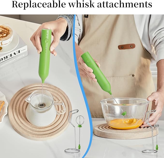 ELMWAY Rechargeable Milk Frother Handheld Foam Maker, 3 Speed Coffee Mixer Wand with 2 Detachable Stainless Steel Whisks and Stand, Electric Drink Mixer for Latte, Hot Chocolate, Protein Powder
