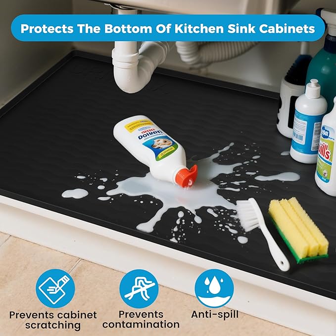 URMONA 28'' x 22'' Waterproof Silicone Under Sink Mat Cabinet and Counter Protector, Shelf Liner for Kitchen and Bathroom, Storage and Organizers, Litter Mat, Pet Cat Puppy Essentials（Charcoal）