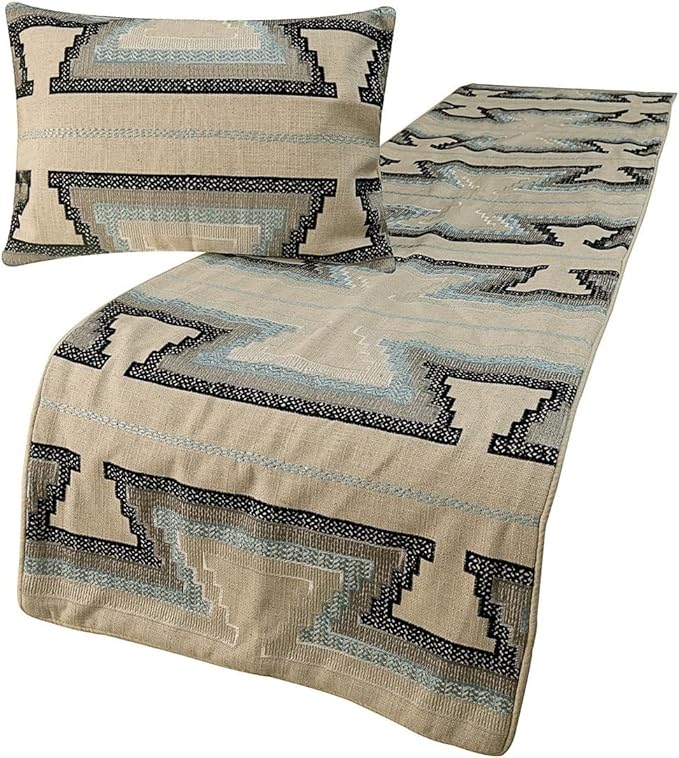 The HomeCentric King Queen Twin Blue & Ivory Designer King 90"x18" Bed Runner with 2 Pillow Cover, Embroidered Bed Scarf on Cotton Fabric - Aztec Armour