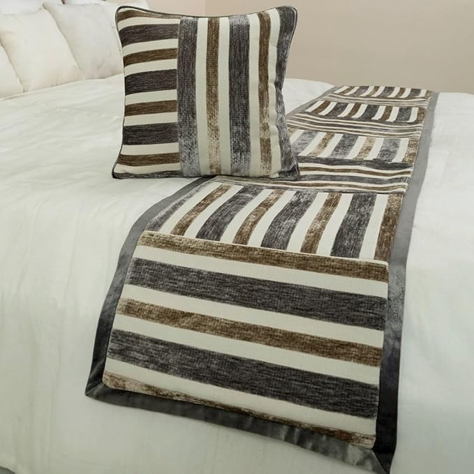 The HomeCentric King/Queen/Twin Beige & Grey Decorative Queen 74"x18" Bed Runner with Pillow Cover, Patchwork Bed Scarf on Velvet Fabric - Striation