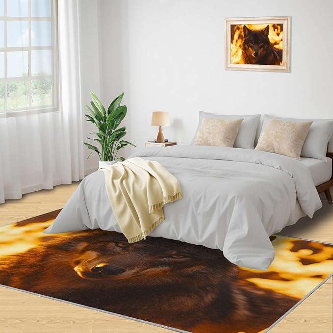 Wolf Rugs for Bedroom - 6x9 Area Rug - Timber Wolf Rugs for Living Room, Sunset Landscape Rug, Non-Slip Washable Home Decor Carpet