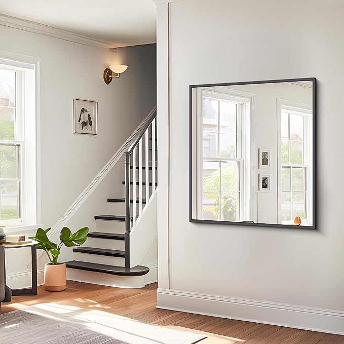 BONEWEI Bathroom Mirror,30x36 inch Wall Mirror for Bathroom Wall Mounted Black Rectangle Square Corner Mirrors, Black Bathroom Mirror for Living Room, Farmhouse, Bedroom Entryway, Horizontal/Vertical