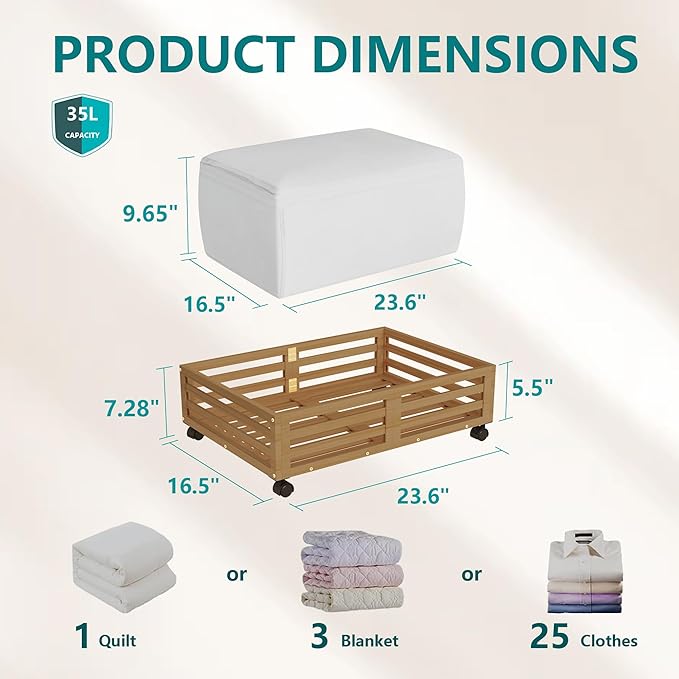 Bamboo Under Bed Storage Containers- Underbed Organizer with Wheels with Large Capacity Dust Bag,Sturdy Wood Rolling Under Bed Shoe Storage Organizer 2 Packs (Walnut, 2 Packs (23.62"×16.54"))