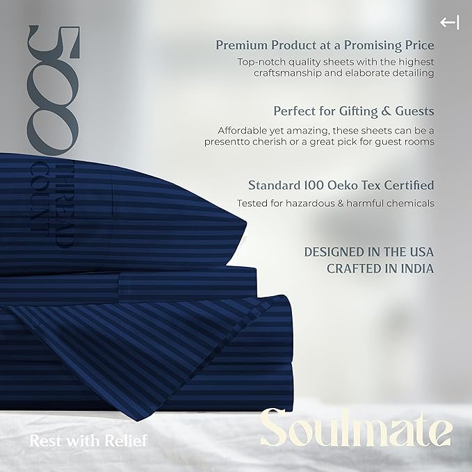 Mayfair Linen 100% Cotton Striped Sheets California King Size Bed Set - 500 Thread Count Damask Sheets Cal King Size 4 PC Set (Navy Blue Stripe), Soft, Cooling, Sateen Weave 16" Deep Pocket Bedsheet