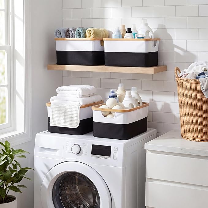 Hushee 4 Pack Bamboo Fabric Storage Bins for Shelves, 15"x10"x7.9" Collapsible Storage Baskets for Organizing, Two-Tone Foldable Bins for Clothes, Towels, Linens(White and Black)