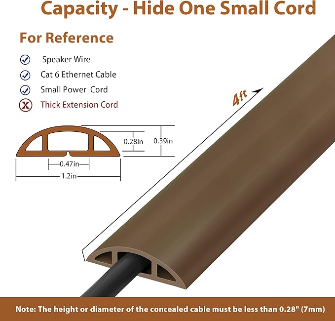 ZhiYo 4ft Cord Hider Floor for 1 Small Wire, Soft PVC Cord Covers for Wires on Floor, Wire Cover to Hide Power Cords, Cable Cover Protect Cords, Cable Cavity: W0.47in x H0.28in Vintage Coffee Brown