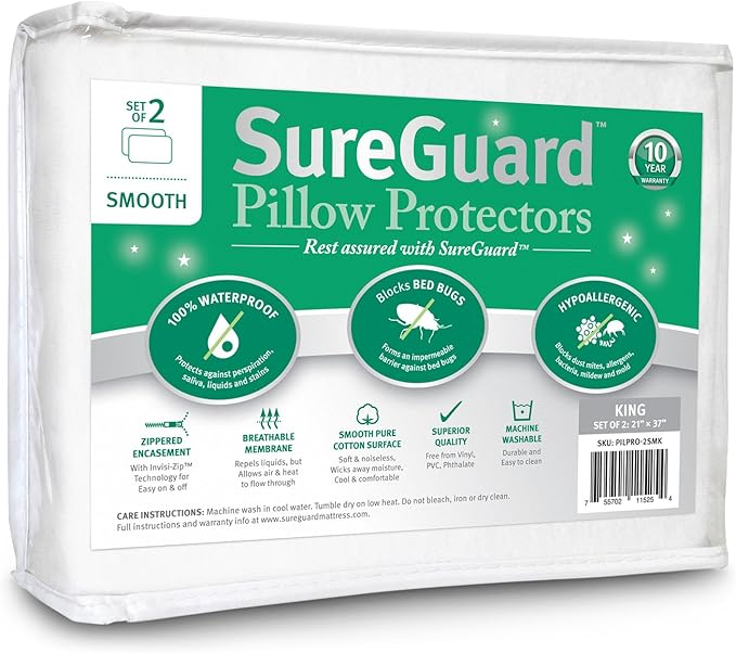 Set of 2 King Size SureGuard Pillow Protectors - 100% Waterproof, Bed Bug Proof, Hypoallergenic - Premium Zippered Cotton Covers - Smooth