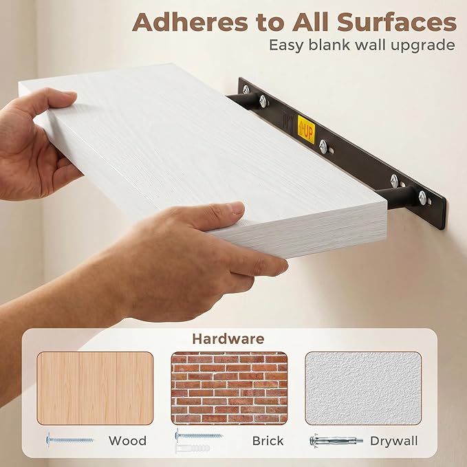 Venusmiles Floating Shelves for Wall, 20 Inch Floating Shelves Set of 2, 6.5" D Wooden Wall Mounted Display Shelves with Invisible Brackets for Living Room, Bedroom, Bathroom, Kitchen Decor, White